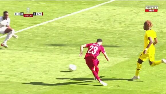Luis Díaz casi pone el 1-0 de Liverpool vs. Chelsea pero Benjamin Mendy atajo el remate. (Foto: Captura: ESPN)
