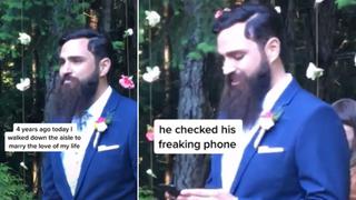 Novio mira su celular mientras su novia camina hacia el altar y la escena se vuelve viral