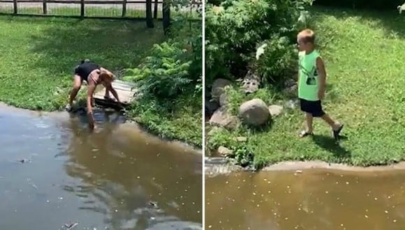Una mujer saltó al estanque de cocodrilos junto a su hijo para recuperar su billetera. La escalofriante escena se viralizó en redes sociales. (Foto: Captura/Buzz news)