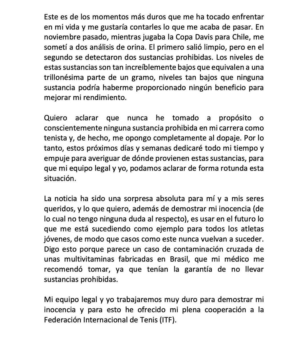 El mensaje de Nicolás Jarry en Instagram.