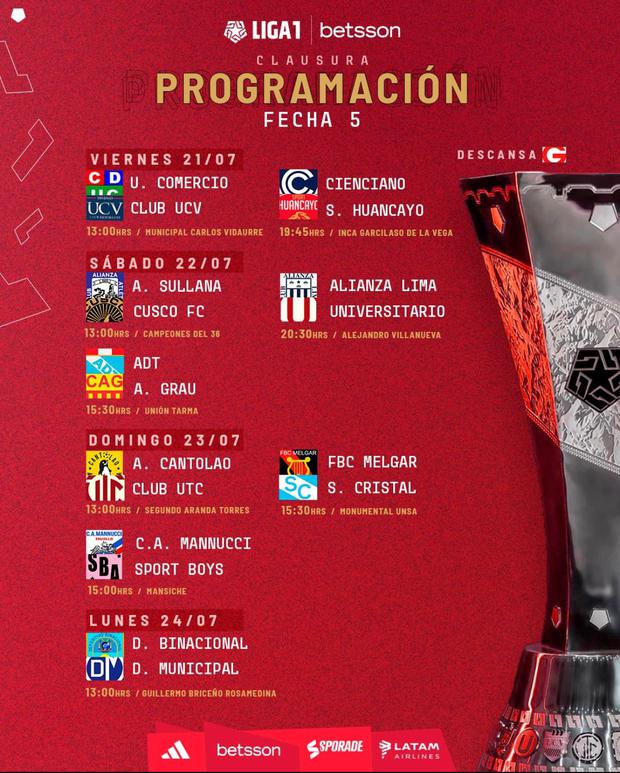 La programación de la fecha 5 del Torneo Clausura 2023. (Foto: Liga 1 Betsson)