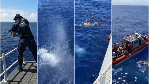 Guardia Costera dispara contra tiburón para impresionante rescate de bañistas. (@USCGPACAREA)