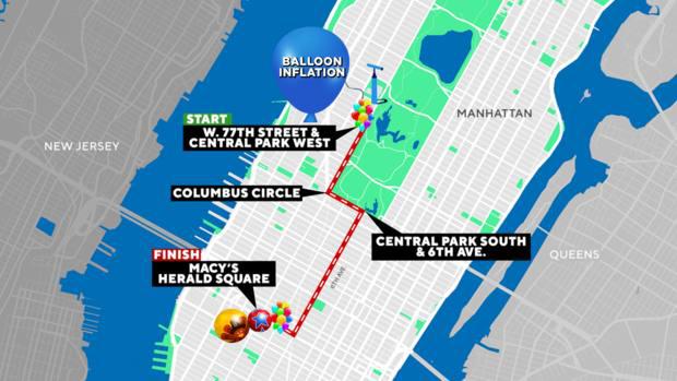 Route map of the streets where the 2023 Macy's Thanksgiving Day Parade will pass in the city of Manhattan. (Photo: CBS)