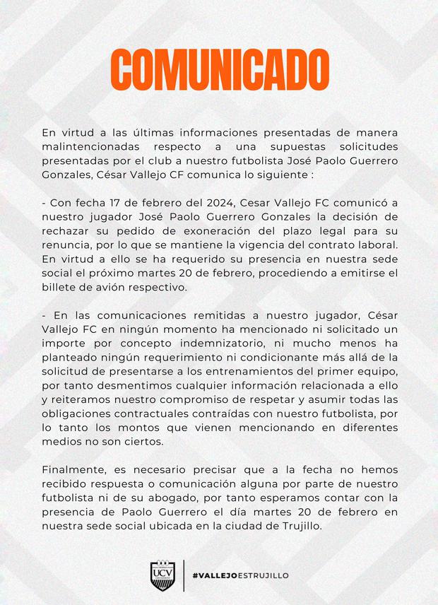Comunicado de César Vallejo sobre Paolo Guerrero.