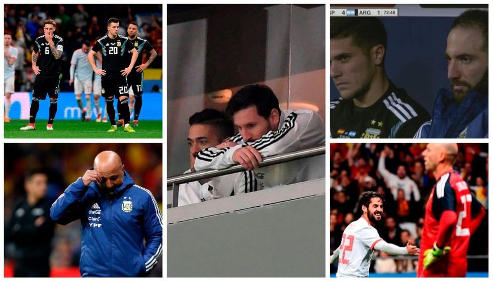 Los rostro de decepción en Argentina luego de la goleada que recibió a manos de España. (AFP / Getty Images)