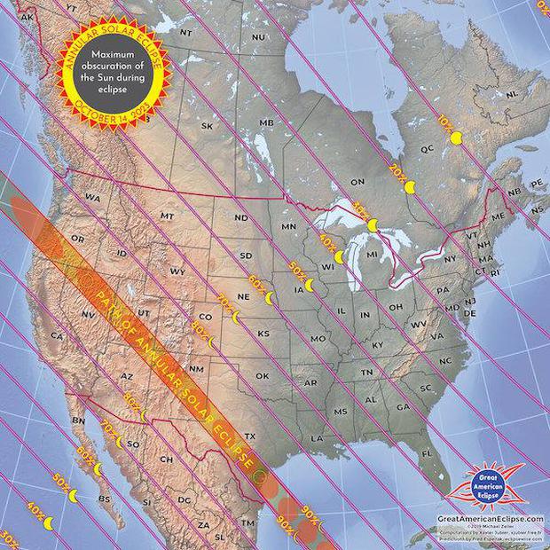 Trayectoria del eclipse solar de anillo de fuego en los Estados Unidos. (Foto: greatamericaneclipse.com)