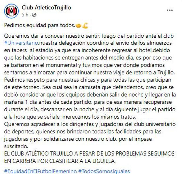 El comunicado de Atlético Trujillo en Facebook.