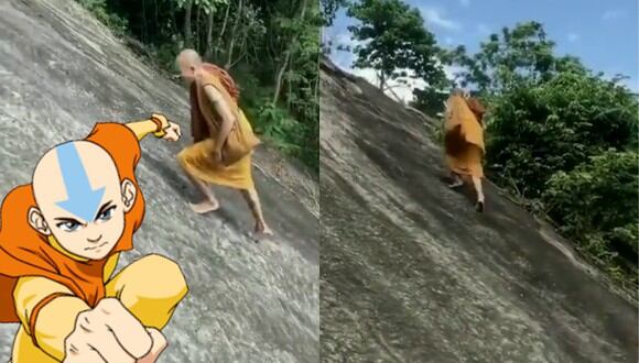 Un video viral muestra cómo un monje budista escaló sin problemas una empinada colina caminando descalzo.| Crédito: Daniel Meissner / Twitter / Composición.