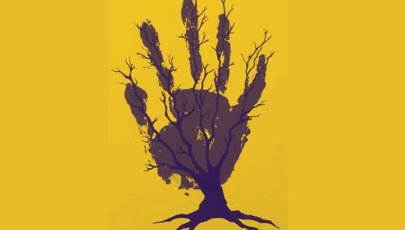 En esta imagen, cuyo fondo es de color amarillo, se aprecia el dibujo de una mano y el de un árbol. (Foto: MDZ Online)