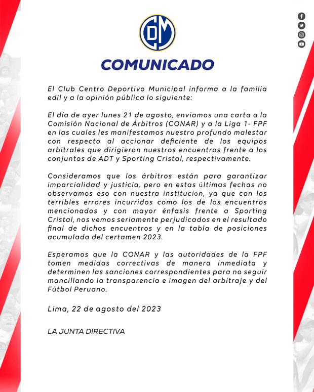 Comunicado de Deportivo Municipal por decisiones arbitrales en los duelos contra ADT y Sporting Cristal. (Foto: @CCDMunicipal)