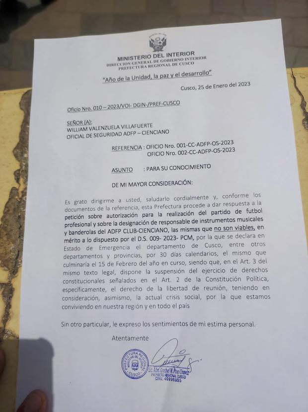 El comunicado de la Prefectura del Cusco.