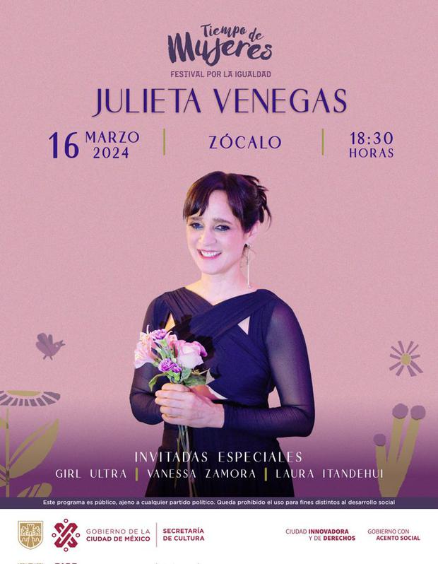Julieta Venegas will perform at the Zócalo of CDMX as part of the closing Tiempo de Mujeres festival (Photo: Secretariat of Culture of Mexico City / Twitter)