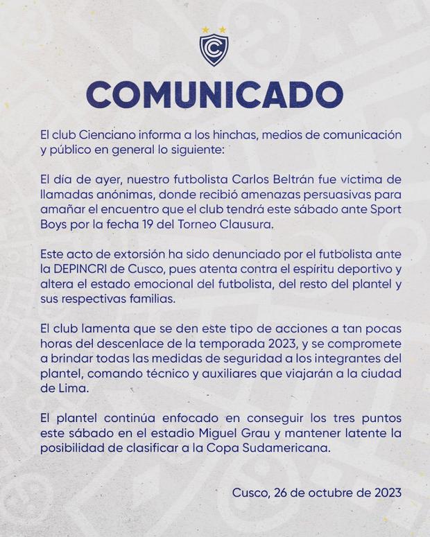 Comunicado de Cienciano (Foto:Club Cienciano)