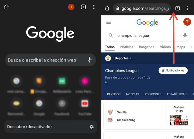 Modo oscuro. A la izquierda la interfaz principal de Google Chrome y a la derecha el momento cuando realizas una búsqueda (Foto: Mag)