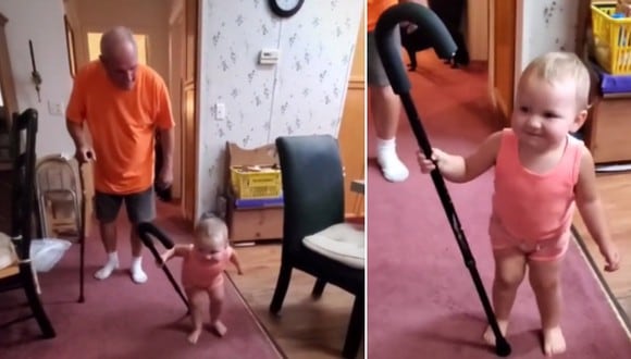 Una bebé ha conmovido a miles de usuarios por su forma de imitar el andar de su abuelo con un bastón. (Foto: @ladybugbelle / TikTok)