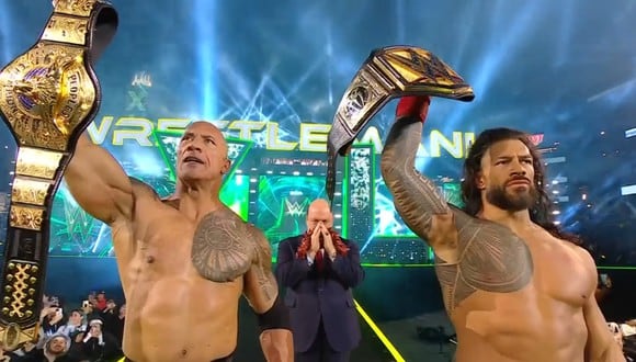 Roman Reigns y La Roca ganaron el main event de Wrestlemania 40 Noche 1 ante Cody Rhodes y Seth Rollins (Foto: WWE)