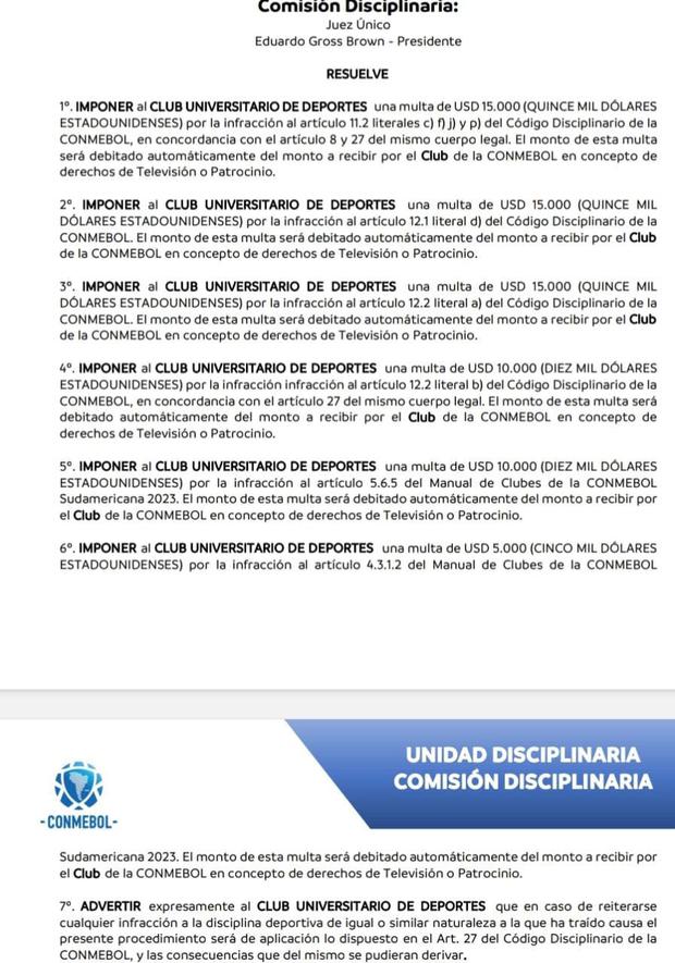 Comisión Disciplinaria de la Conmebol sancionó a Universitario. (Foto: Conmebol)