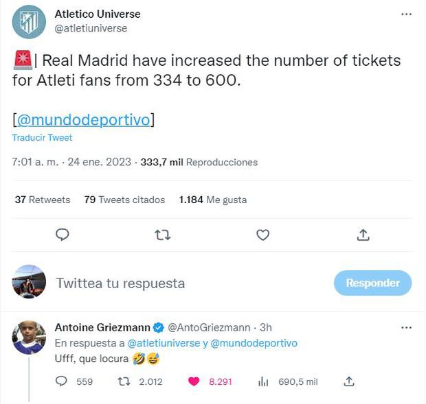 Griezmann respondió de forma irónica sobre las entradas que el Madrid cedió al Atlético (Foto: Captura de Twitter)