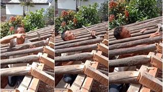 ‘F’ para él: construyó un techo de madera, quedó atrapado entre los palos y ‘blooper’ es el hazmerreír del día [VIDEO]
