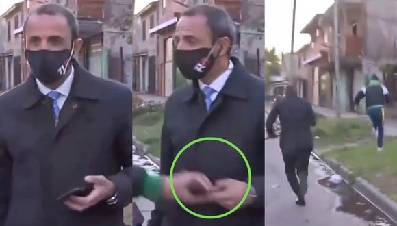 Un video viral muestra el momento exacto en el que un ladrón le arrebata a un periodista su celular cuando estaba a punto de salir en vivo. | Crédito: Telenueve / Captura de TV.