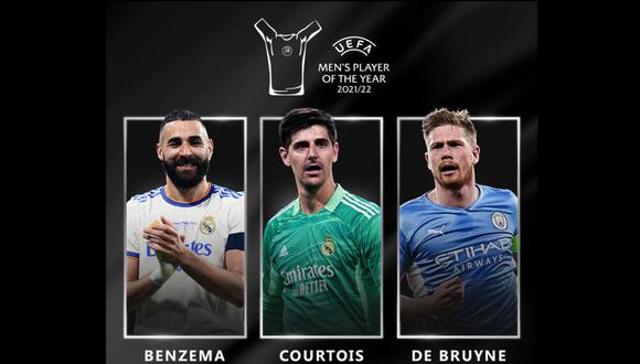 Los nominados a Mejor Jugador UEFA de la temporada con Benzema, Courtois y De Bruyne.