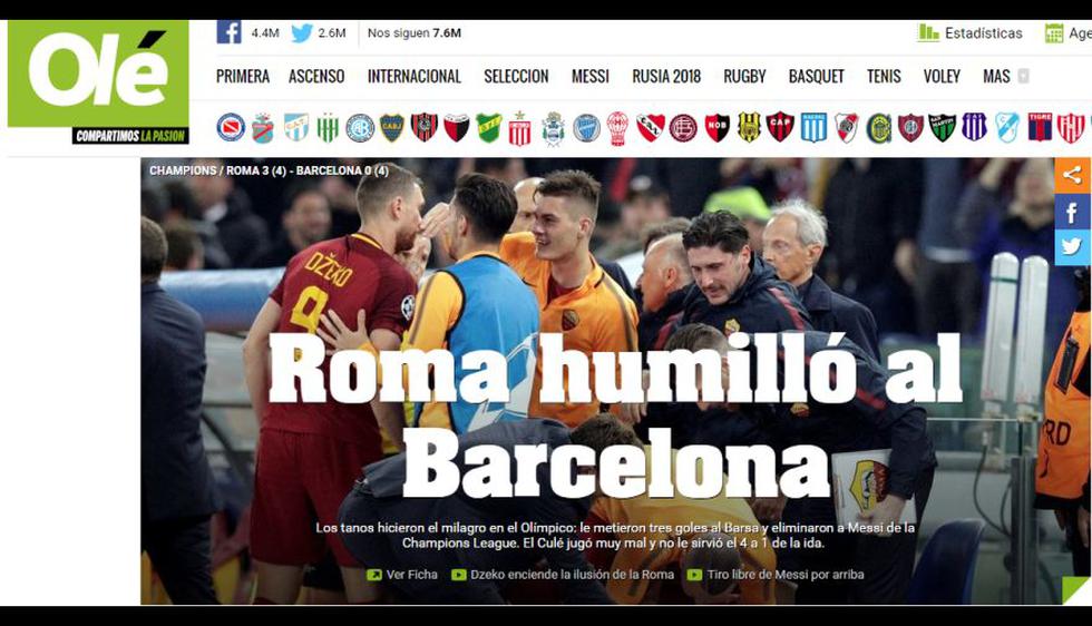 Así informó el mundo de la eliminación de Barcelona de la Champions League a manos de Roma. (Difusión)