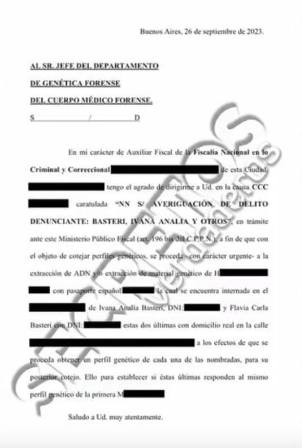 Orden de la Fiscalía para realizar una prueba de ADN a Honorina Montes (Foto: América)