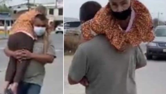 Hombre conmovió en Internet al cargar a su madre para llevarla a vacunar contra el COVID-19. (Foto: Chavita El Reportero Urbano / Facebook)