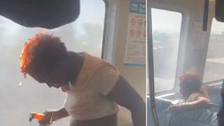 Mujer fue captada con el cabello en llamas al interior de un tren