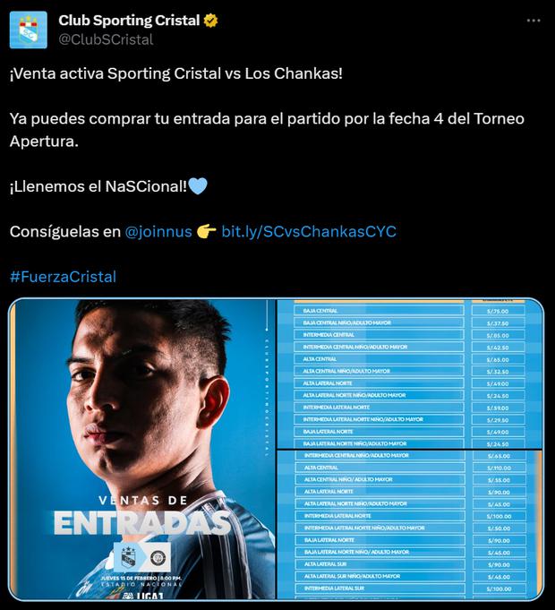 Sporting Cristal y los precios para el duelo ante Los Chankas. (Foto: Twitter)
