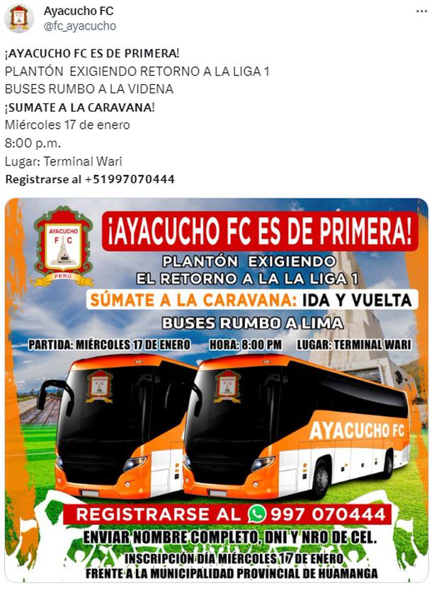 La publicación de Ayacucho FC en redes sociales. (Captura: X)