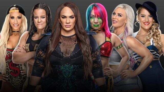 Carmella vs. Shayna Baszler vs. Nia Jax vs. Asuka vs. Dana Brooke vs. Lacey Evans en la lucha femenina de escaleras. (Foto: WWE)