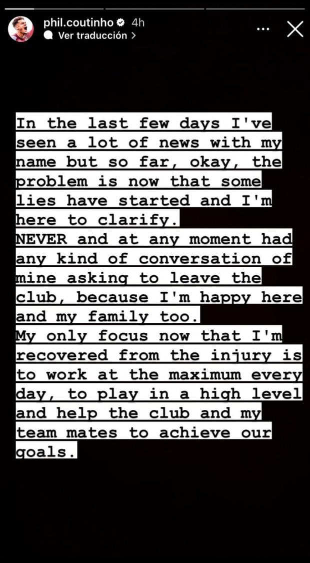 Coutinho habló sobre su futuro en Aston Villa. (Foto: Instagram)