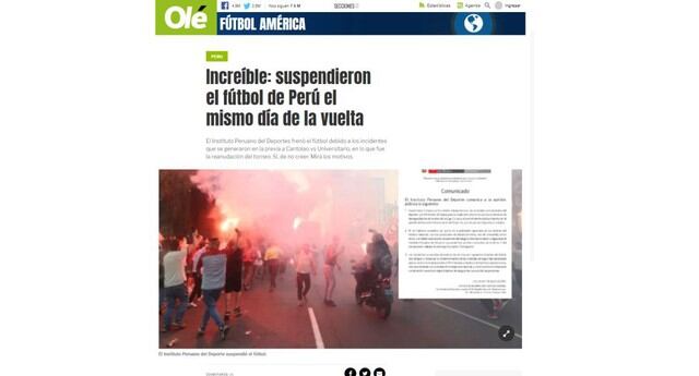 Prensa internacional sobre suspensión del fútbol peruano. (Captura)