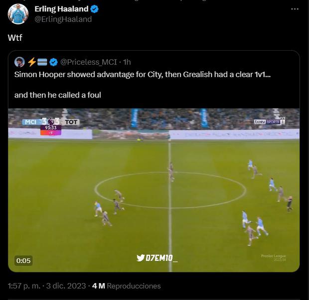 El reclamo de Erling Haaland por la jugada polémica en Manchester City vs. Tottenham. (Foto: Twitter)