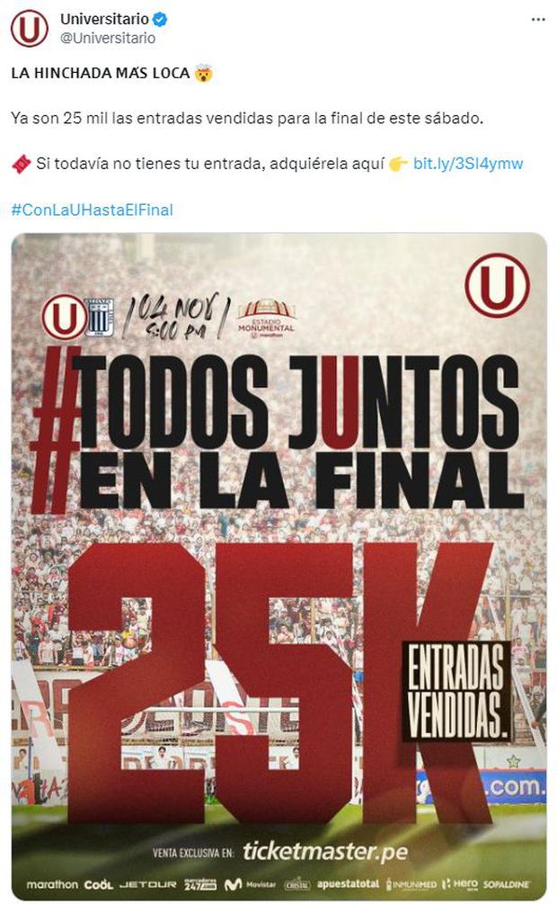 Así va la venta de entradas para el Universitario vs. Alianza Lima. (Foto: Twitter)