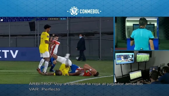 Wilmar Barrios vio la tarjeta roja en el Colombia vs. Paraguay pero el VAR la borró. (Captura: Conmebol)