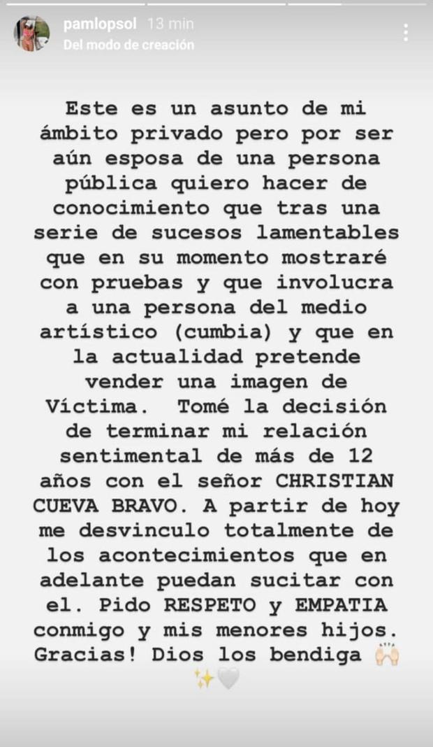 El comunicado de Pamela López en redes sociales. (Captura: Instagram)