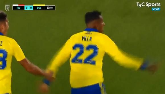 Sebastián Villa marca el 1-0 de Boca vs River. (Foto: TyC Sports)