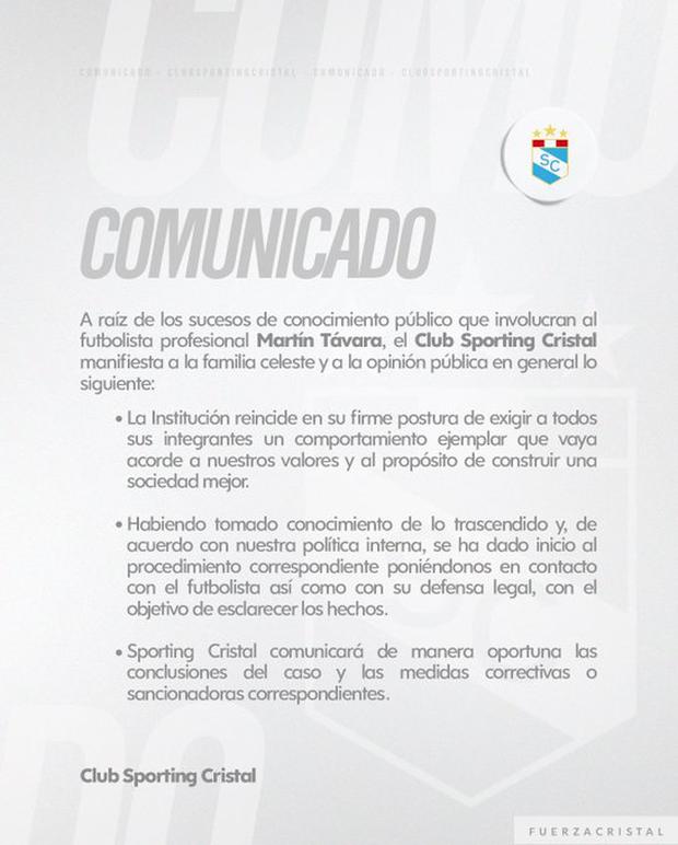 Comunicado de Sporting Cristal sobre las acusaciones hacia Martín Távara. (Imagen: Sporting Cristal)