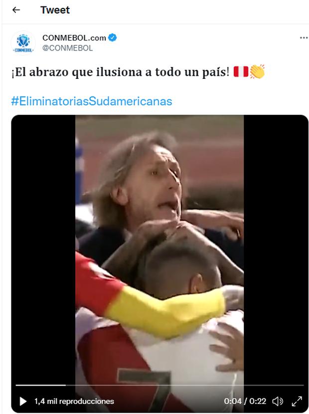 El máximo ente del fútbol sudamericano resaltó el abrazo entre Christian Cueva y Ricardo Gareca tras la victoria de la selección peruana ante Venezuela por las Eliminatorias.