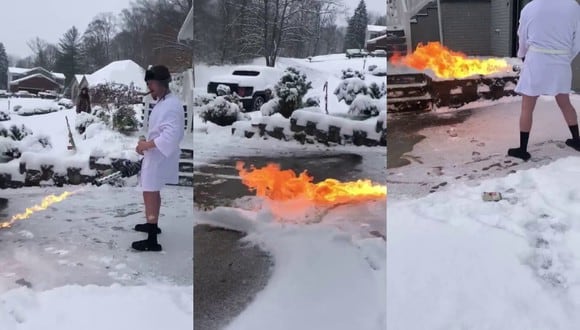 Un video viral muestra cómo un hombre derrite la nieve de la entrada de su casa con un potente lanzallamas. | Crédito: Timothy Browning / Facebook.