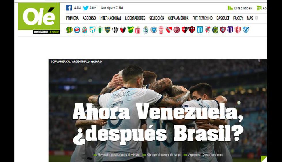 La reacción de los medios internacionales tras la victoria de Argentina sobre Qatar y clasificación a cuartos de final de la Copa América 2019.