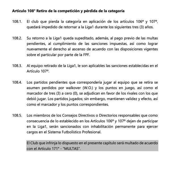 Artículo 108 del reglamento de la Liga 1 2023 sobre el retiro de la competición o pérdida de la categoría.