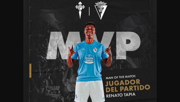 Renato Tapia fue elegido como MVP del duelo entre Celta de Vigo y Cádiz, por LaLiga. (Foto: Twitter)