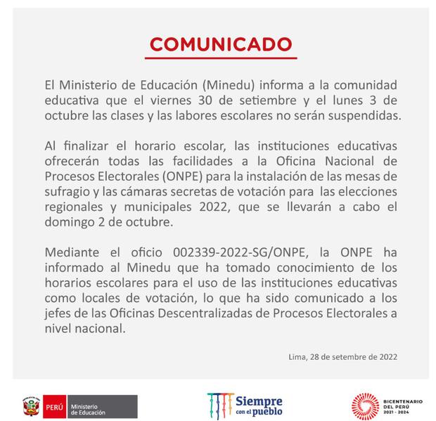 Ministerio de Educación emitió comunicado sobre las elecciones (Foto: Minedu)