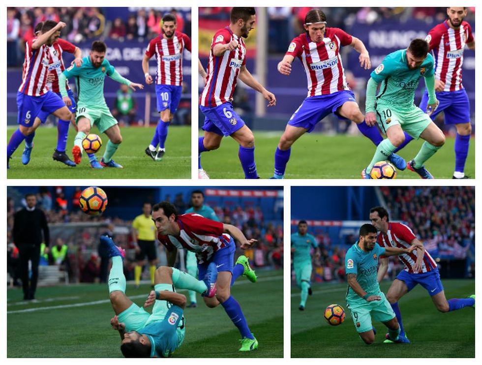 Extrema fuerza sobre la ‘MSN’: la presión del Atlético sobre Messi, Suárez y Neymar. (Foto: Reuters / AFP)