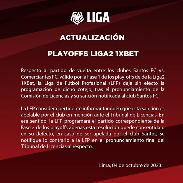 El comunicado de la Liga 2 con respecto al duelo entre Santos FC vs. Comerciantes FC. (Foto: Liga 2)