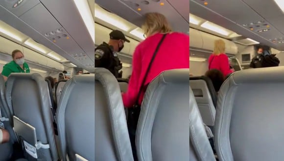 Un video viral muestra cómo celebraron los pasajeros de un avión al ver cómo retiraban a una mujer que se rehusaba a colocarse la mascarilla. | Crédito: @GriffinFrank / Twitter.