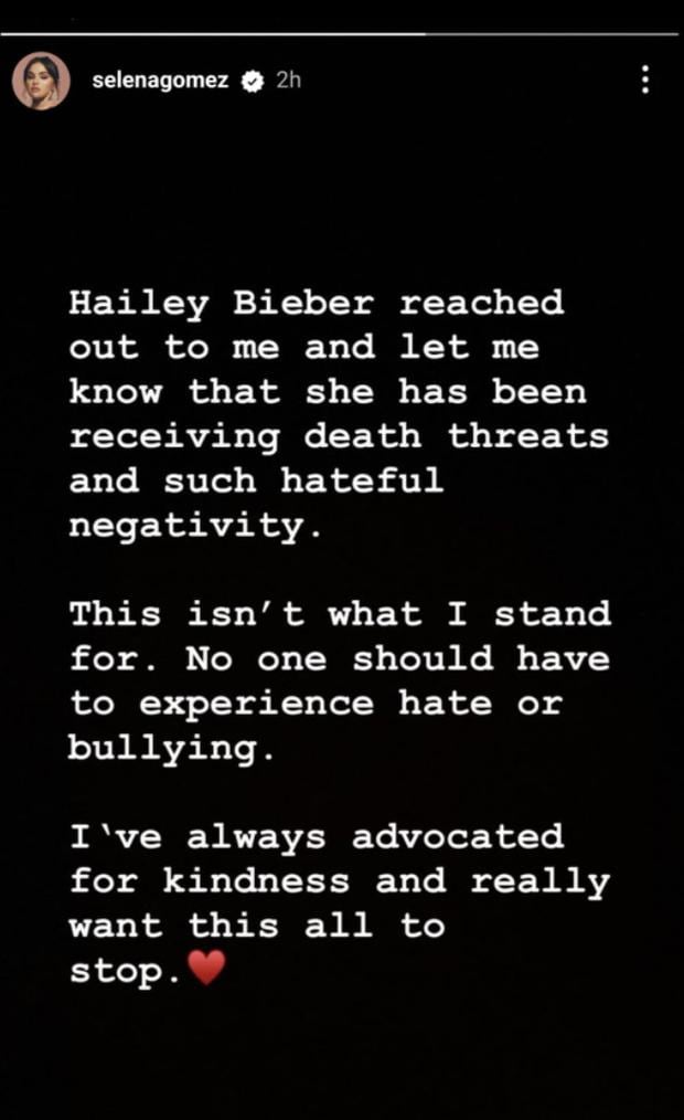 Selena Gomez les pidió a sus seguidores que paren con los mensajes de odio contra la esposa de su exnovio, Justin Bieber (Foto: Selena Gomez/ Instagram)